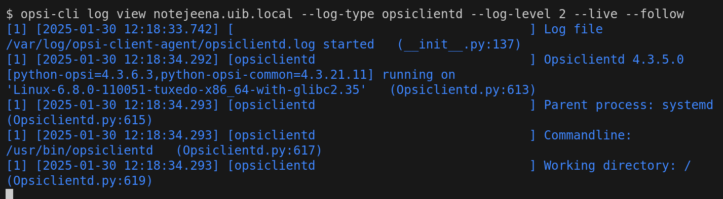 opsi-cli log view HOST_ID –log-type opsiclientd –live –follow 