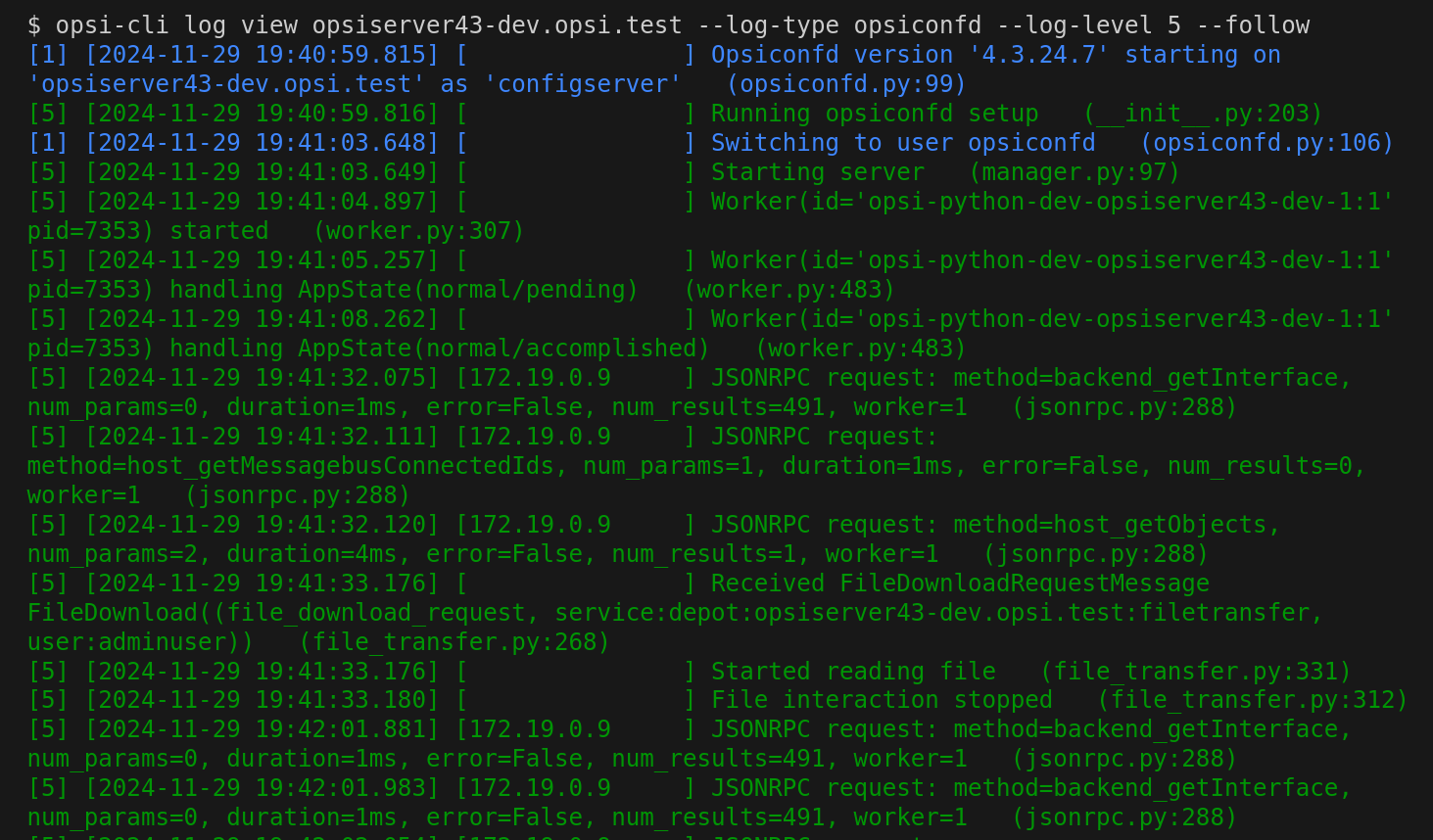 opsi-cli log view HOST_ID –log-type opsiconfd –follow