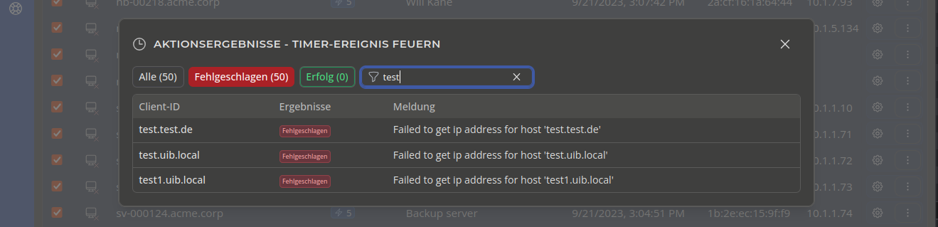 OPSI-WebGUI Aktionsergebnisse
