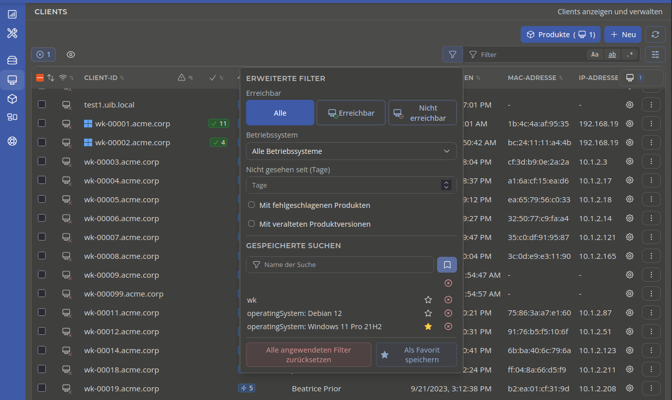 OPSI-WebGUI Erweiterte Filter