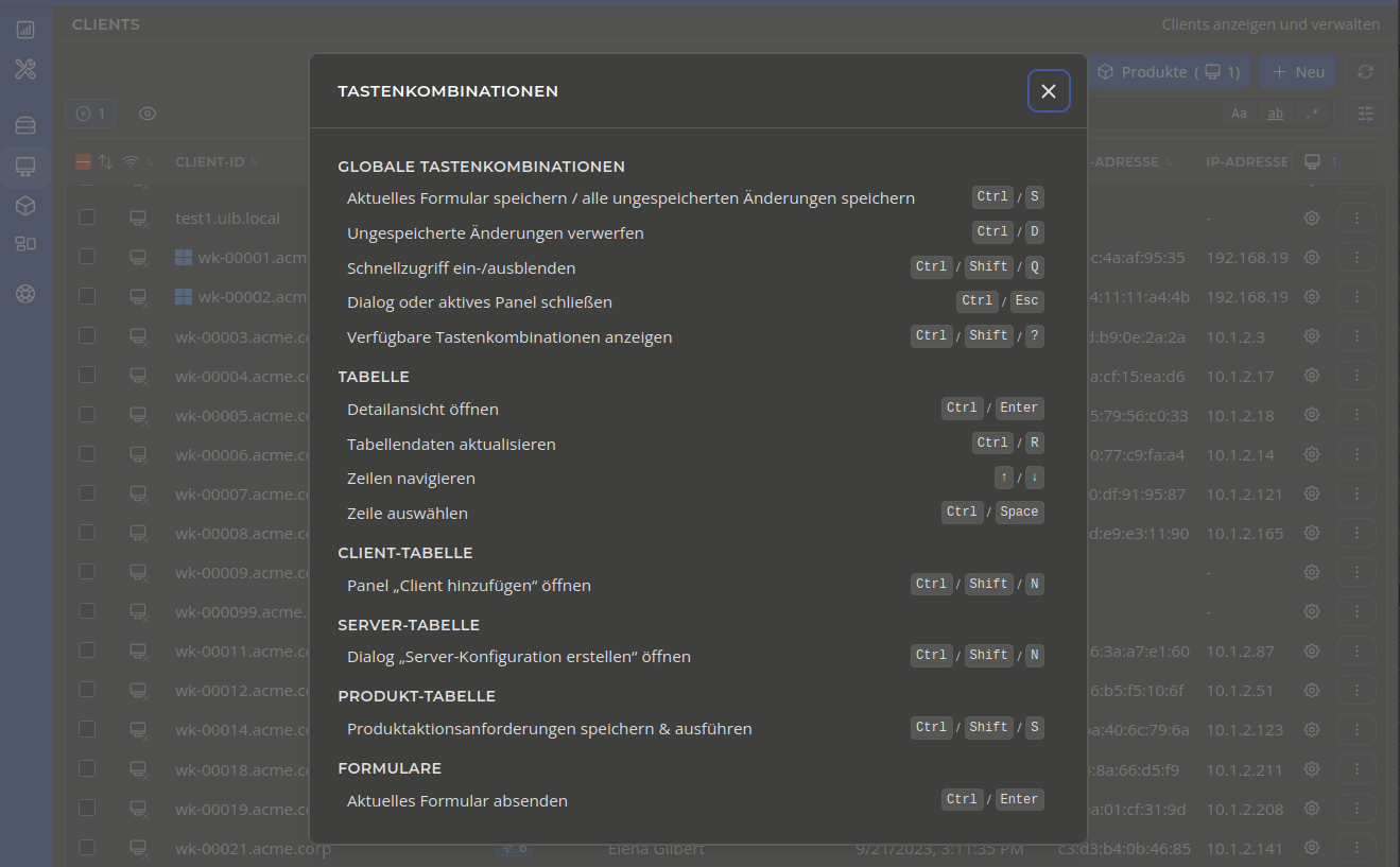 OPSI-WebGUI Tastenkürzel