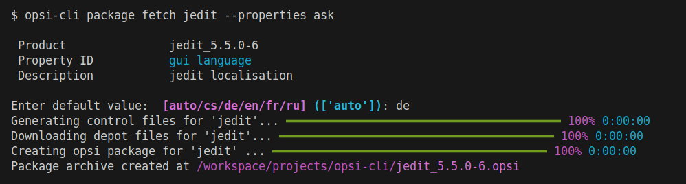 opsi-cli package fetch product1 –properties ask