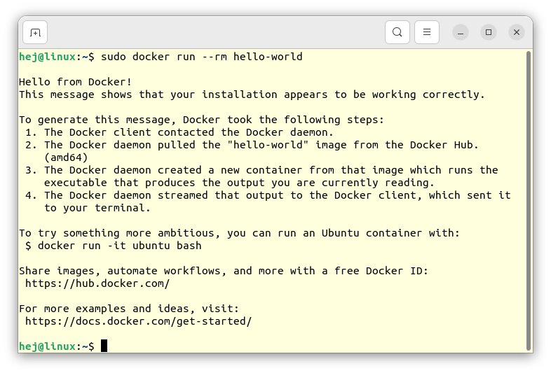 The output confirms that Docker is successfully installed and set up.