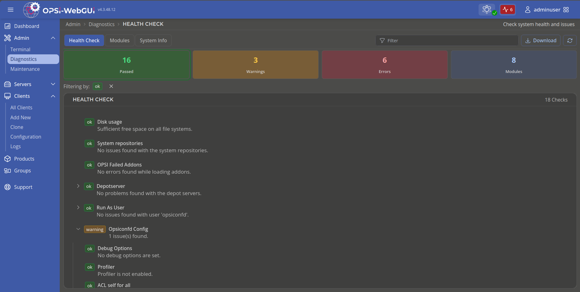 OPSI-WebGUI Diagnostics