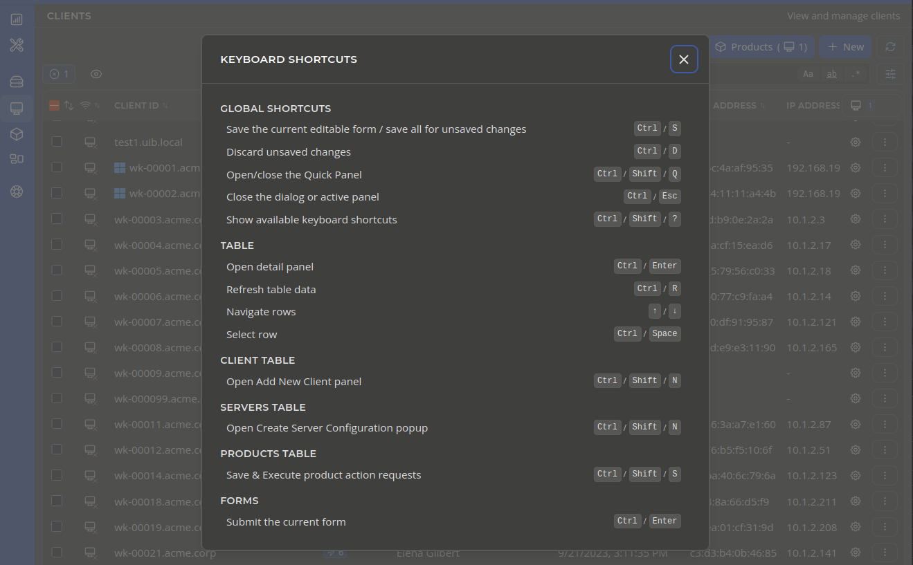 OPSI-WebGUI Keyboard Shortcuts